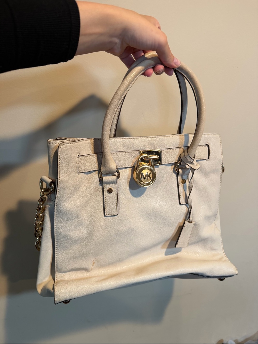 Michael Kors Ivory Leather Satchel with Gold-Tone Lock